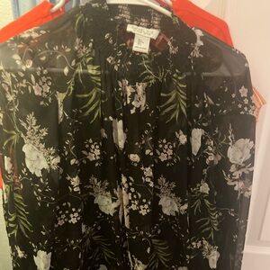 Size large black floral see through blouse